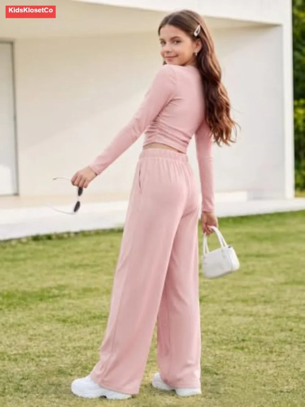 Girls 2 Piece Lounge Set Ribbed Ruched Top Wide Leg Pants